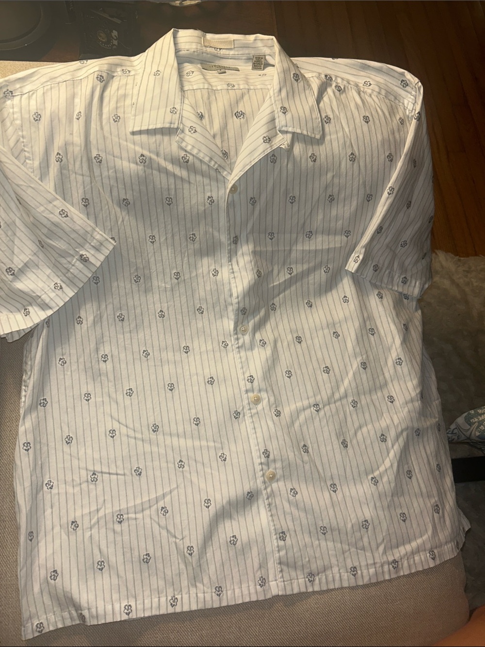 Ted Baker White Short Sleeve Button-Down with Navy Pinstripes and Micro Motif